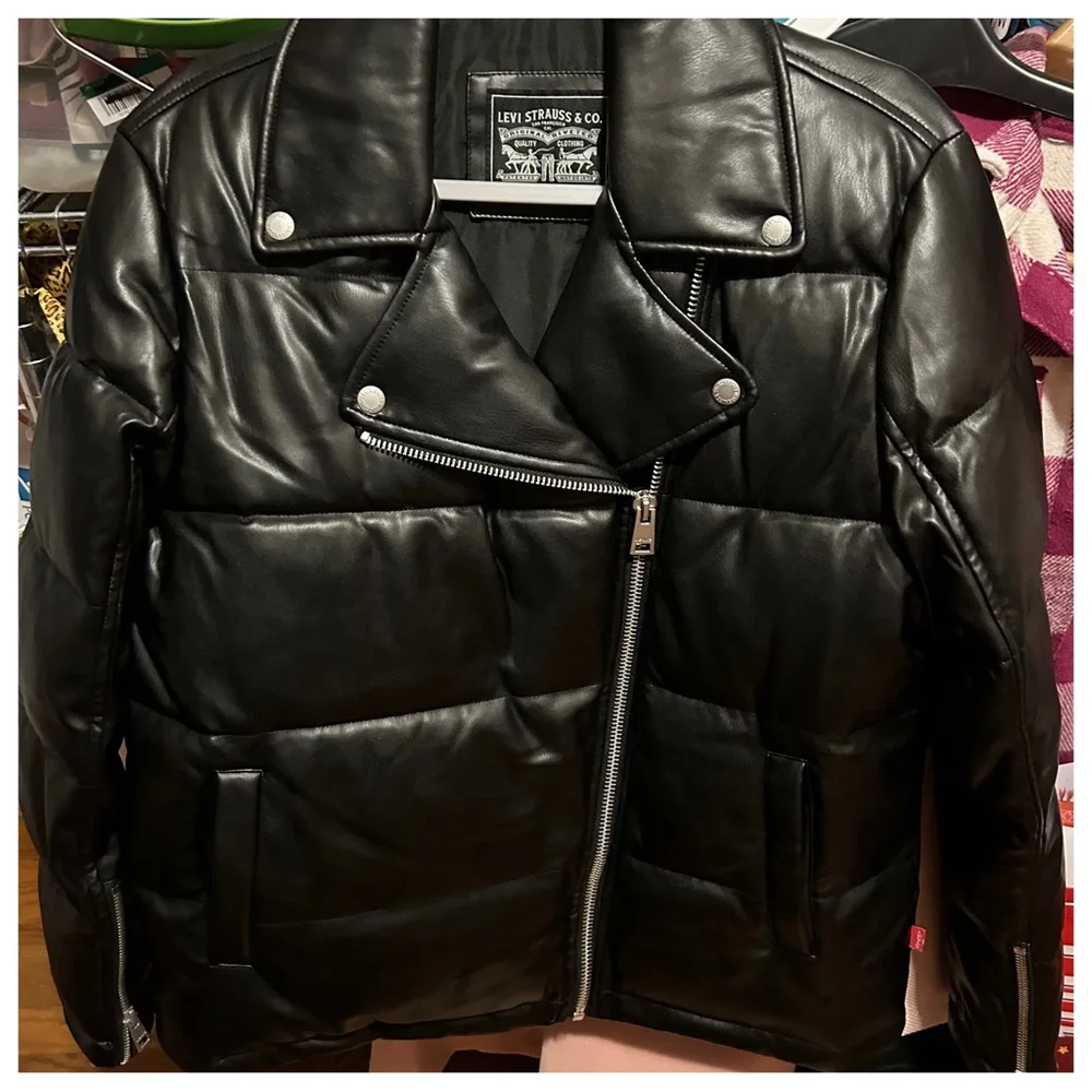 Levi's Black Moto Puffer Faux Leather Jacket Sz M NWT! - Picture 7 of 7